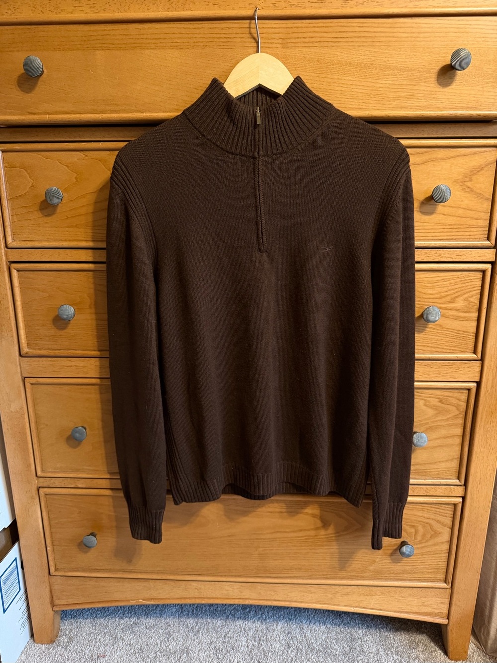 Faconnable Chocolate Brown 100% Merino Wool 1/4 Zip Mock Neck Ribbed Sweater M